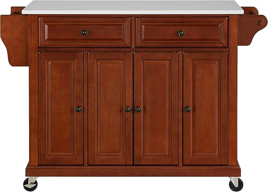 Crosley Furniture Full Size Stone Top Rolling Kitchen Island Storage Cart, Microwave Stand, Spice Rack, Cherry