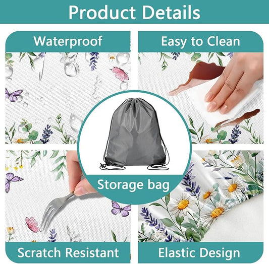 Floral Picnic Table Cover with Bench Covers, Camping Essentials, Leaves Flower Butterfly Waterproof Windproof, Fitted Tablecloth Cover with Elastic Edge, for Indoor, Outdoor, 3 PCS, 30x60 Inch