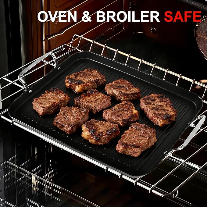 21" x 13" Cast Iron Griddle Pan, Pre-Seasoned Double Burner Griddle Pan with Stainless Steel Handle, Ribbed Surface, Oven Safe for Gas Ceramic Electric Stove, BBQ Camping Indoor Outdoor