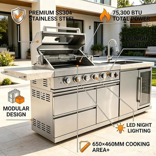 6-Burner Barbecue Island Grill, Stainless Steel Outdoor Kitchen Island Grill, Modular Outdoor Kitchen with Refrigerator, Sink & Cooler, Heavy Duty Mobile Grills Outdoor Cooking