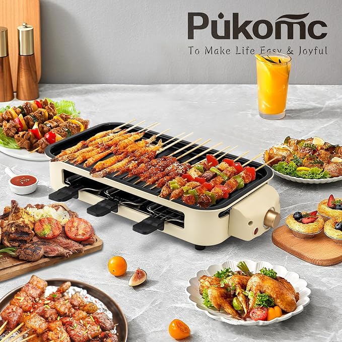 Pukomc Electric Indoor Grill,2 in 1 Indoor Grills for Kitchen | Smokeless Grill Net & Non-Stick Cooking Removable Plate,Temperature Control,Dishwasher Safe,1700W Beige
