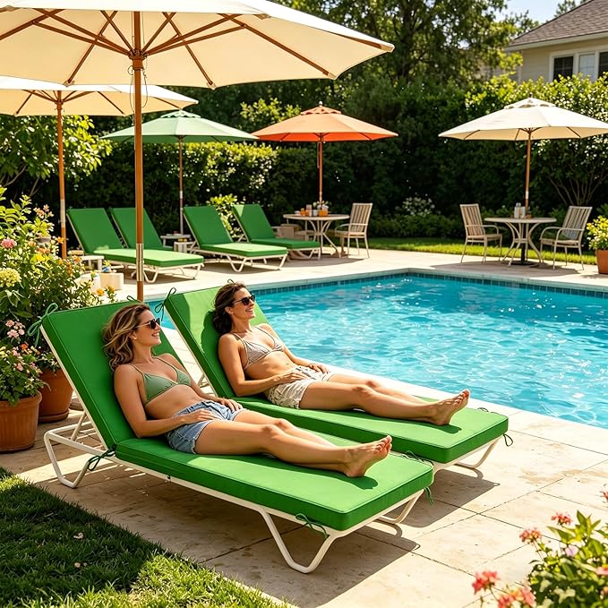 Chaise Lounge Cushions Outdoor, 72 x 21 Inch Water & Fade-Resistant Patio Furniture Lounge Cushion Set of 2, Beach Umbrella Lounger Chair Replacement Cushion with Removable Cover Pad, Green