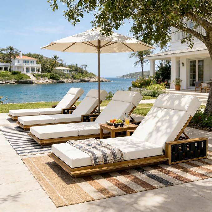 Merax Acacia Wood Patio Chaise Lounge with 4-Position Adjustable Backrest, Outdoor Sunbathing Recliner Chair & 4" Thick Four-fold Cushion for Poolside, Garden, Backyard, Patio, Cream