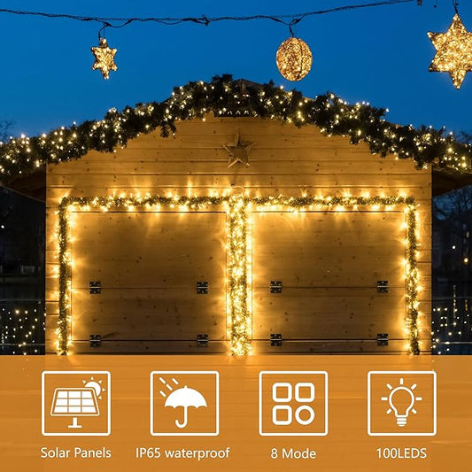 Flechllary Solar String Lights Outdoor Waterproof,39Ft 100 LED Solar String Lights with 8 Modes ,Solar Christmas Lights Outdoor for Yard, Fence, Balcony, Party,Christmas Tree Decorations (Warm White)