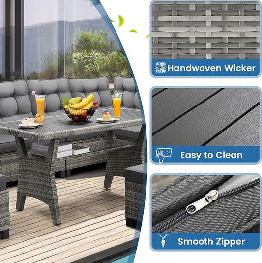 KROFEM 6-Piece Patio Furniture Set, Outdoor Sectional Sofa with Dining Table & Chairs, All-Weather Dining Set with Removable Cushion Covers, Ideal for Garden, Porch, Backyard, Grey