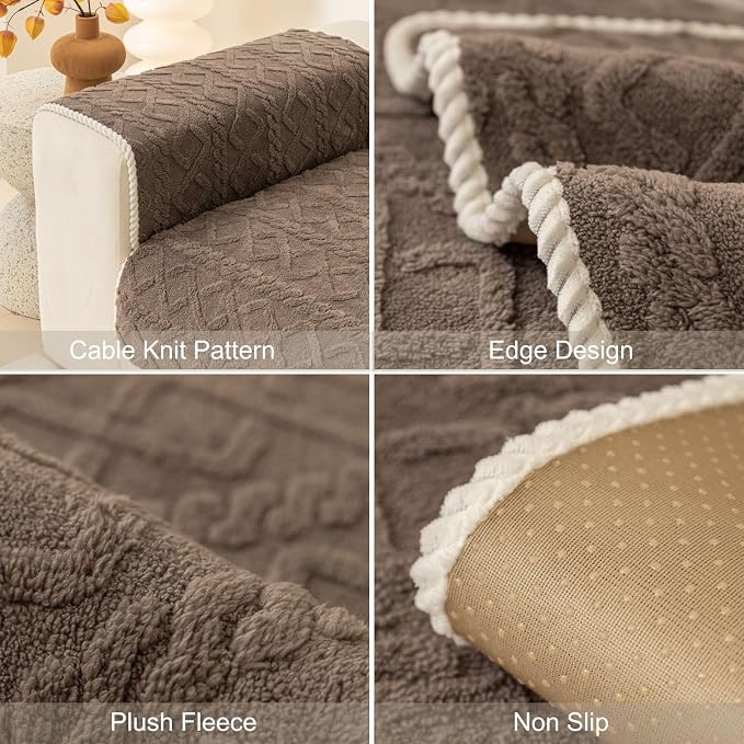 vctops Geometric Jacquard Plush Sofa Couch Covers Farmhouse Neutral Non Slip Sectional Couch Cover Soft Warm Sofa Slipcover for Dogs, Children, Pets Furniture Protector (Brown,28"x35")