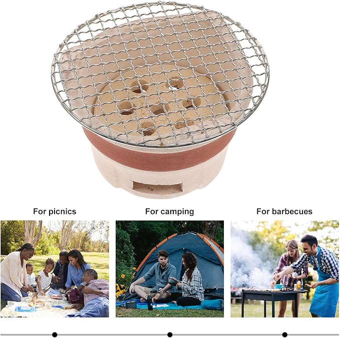 Mini Ceramic Charcoal Barbecue Stove with Grill Net, Portable Korean Style Pottery Bbq Oven for Camping and Household Use, Brown Charcoal Grill Set Color