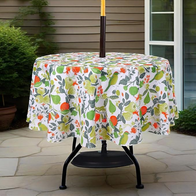 SUQ I OME Outdoor Patio Tablecloth, Bird Plants, 60'' Round with Zipper | Umbrella Hole, Zipper, Garden Tablecloth, For Backyard Parties, BBQs, Family Gatherings