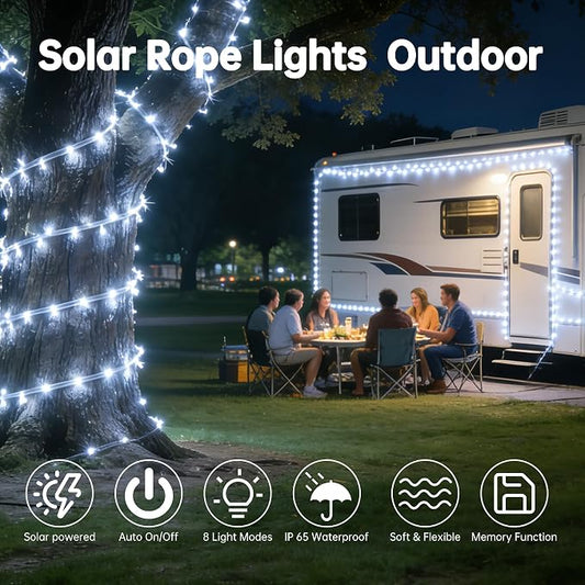 Solar Rope Lights for Outside, 2 Packs Total 66ft 200 LED Solar String Lights with 8 Modes, Waterproof Solar Outdoor Light for Patio Garden Party Tree Porch Pool Holiday Xmas Decor-White
