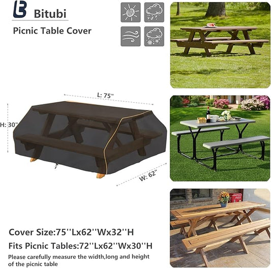 Bitubi 70 / 72 Inch Waterproof Picnic Table Cover With Bench Covers,Classic Black Wind Dust Proof Anti-UV, 72”Outdoor Cover For Picnic Table