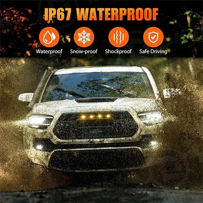 ikaufen 4PCS LED Grille Lights Amber Front Grill Marker Lights IP67 Waterproof with Wiring Harness for Pickup Trucks & Off-Road Vehicles