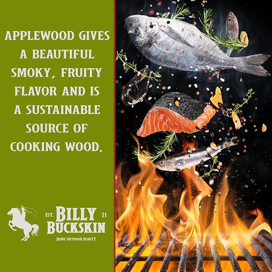 Billy Buckskin 18 LB Applewood Cooking Firewood – Includes 1lb 100% Natural Apple Wood Chips & Fatwood Starter Sticks for Fire Pit, Campfire, Fireplace, Wood Stoves and Outdoor Grilling