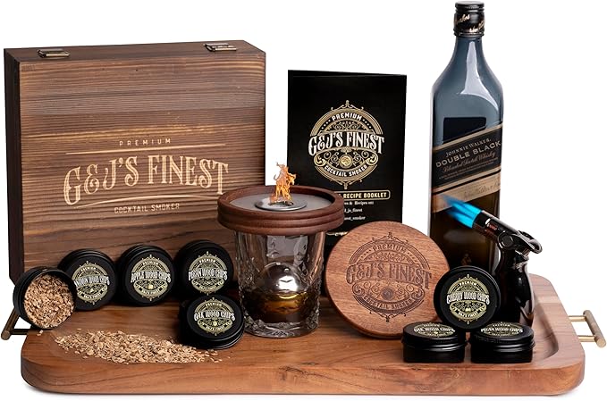 Whiskey Smoker Kit with QuadTorch, 6 Wood Chips, & Wood Box for Smoking Drinks| Cocktail Smoker Kit| Bourbon Smoker Kit| Old Fashioned Smoker Kit| Smoked Whisky Gift for Father's Day (No Butane Incl.)