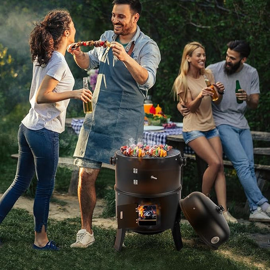 16 Inch BBQ Grill 2-layer with Grids& Hook Inside, Portable Outdoor Woodfire Vertical Charcoal Smoker with Lid& Thermometer for Camping, Tailgating & Backyard Cooking, 402 sq. in Cooking Area