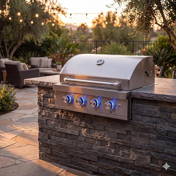 27 In Built-in Outdoor Gas BBQ Grill, 4-BurnerStainless Steel Drop-in Grill with LED Ambient Lighting, 304 Brushed Stainless Steel, Heavy Duty Outdoor Kitchen Island Grill
