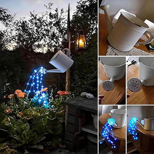 Solar Fairy String Lights Outside Blue, Multi Strand 180 LEDs Watering Can Light for Outdoor, Waterproof Solar Powered Waterfall Lights, Firefly Bunch Lights for Garden Décor