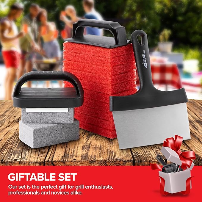 15-Piece Griddle Cleaning Kit, 10 Scouring Pads, 2 Grill Stone Bricks, 1 Indoor Grill Scraper, 2 Handles, Griddle Cleaner Kit for Blackstone & Weber BBQ Flat Top, Griddle Cleaning Accessories