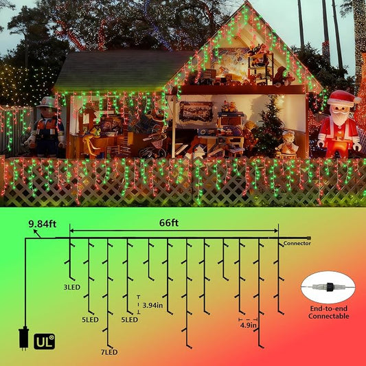 YEGUO 66ft 800 LED Red and Green Icicle Lights Outdoor Waterproof, 160 Drops Icicle String Lights Connectable, 8 Modes Icicle Christmas Lights with Memory Timer