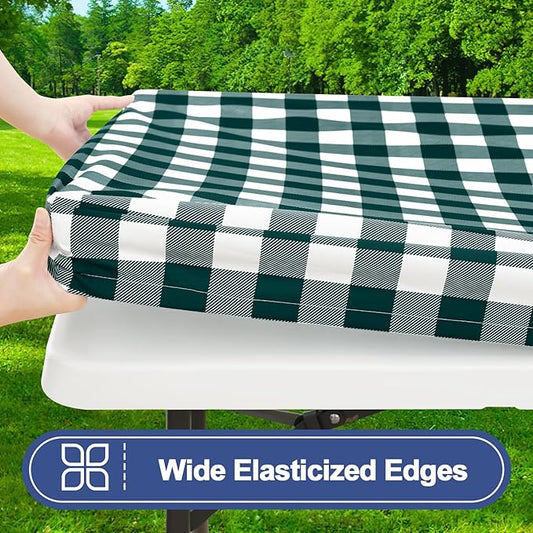 Smiry Picnic Table Cloth 2 Pack, Waterproof Elastic Fitted Tablecloths for 8FT Rectangle Tables, Washable Polyester Buffalo Plaid Tablecloth for Camping & Outdoor (Emerald Green & White, 30" x 96")