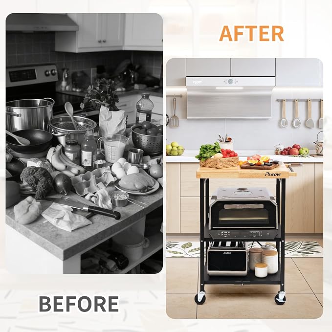 PLKOW Foldable 3-Tier Rolling Kitchen Cart with Solid Oak Top, Black | Solid oak top, fold-flat steel frame, 3-tier storage, and lockable swivel wheels for kitchens and compact spaces.