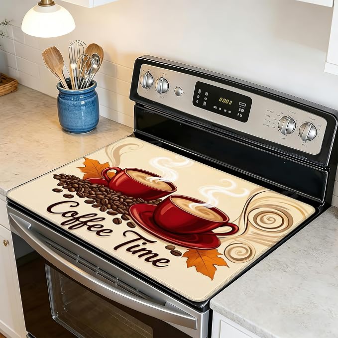 Electric Stove Top Cover,Red Coffee Cups Stove Cover for Glass Top Electric Stove,Coffee Bean Heat Resistant Flat Top Stove Mat Countertop Protector, 28 x 20 Inch