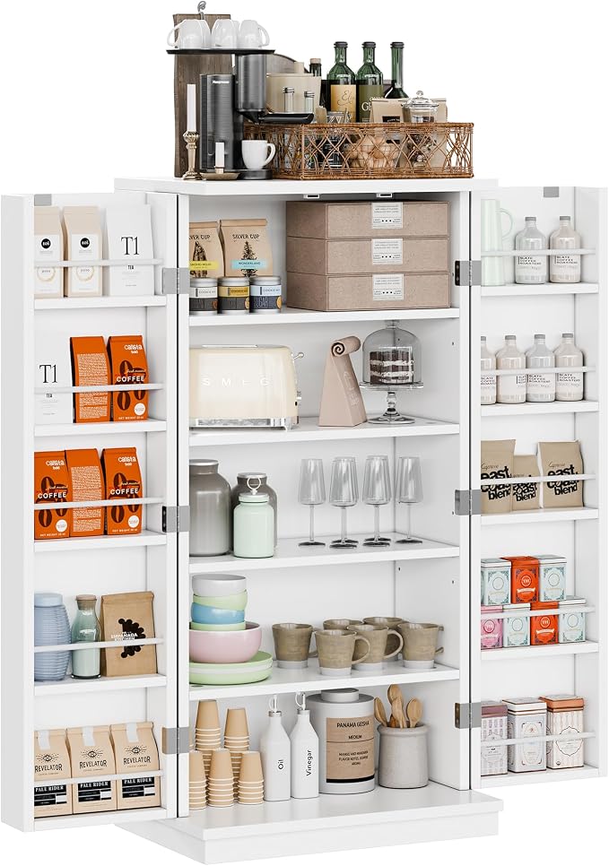 Shintenchi Kitchen Pantry Cabinet,5 - Layer Storage Cupboard with Adjustable Shelves for Organizing and Storing Food Items,47'' Versatile Buffet Sideboard for Kitchen, Bathroom and Laundry,White