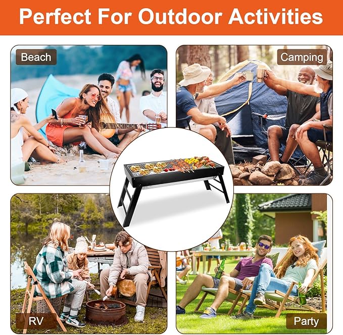 Foldable Charcoal BBQ Grill, 21.8x8.8x12in Portable Grill Charcoal with Side Table, Stainless Steel BBQ Grill, Easy Setup Tabletop Barbecue Grill for Camping Picnic Outdoor Party Backyard Travel