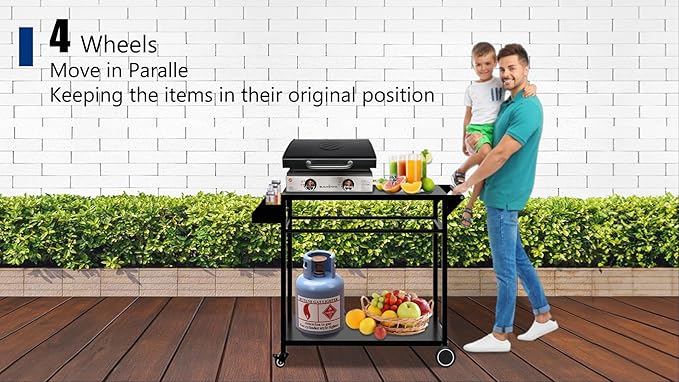 Koutemie Outdoor Grill Cart Table with 4 Wheels for Blackstone 17" or 22", Movable BBQ Food Prep Table Top, Double-Shelf Metal Pizza Oven Worktable with Spice Tray for Patio, Backyard, Black