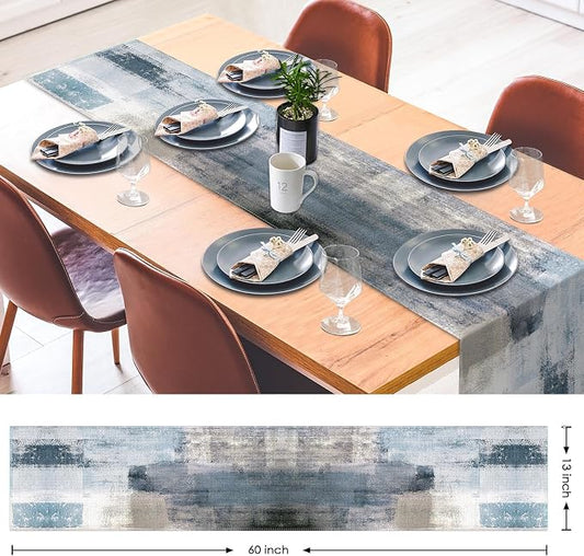 Emvency Farmhouse Table Runner, Vintage Blue and Grey Abstract Art Painting for Kitchen Coffee Table Family Dinners Holiday Parties Wedding Events Decor(13x60 inch)