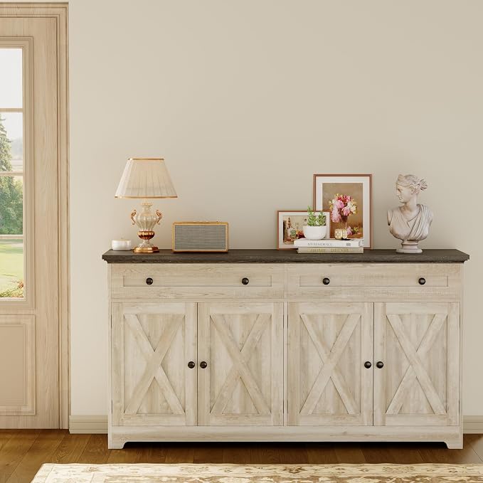 IRONCK Buffet Cabinet with Storage, Sideboard Cabinet with Drawers & Doors | 2 Drawers, 4 Doors and 2 Adjustable Shelves. 59inch Wide. FSC-certified Wood. Anti-tip Device. Charcoal Grey and Beige Maple.