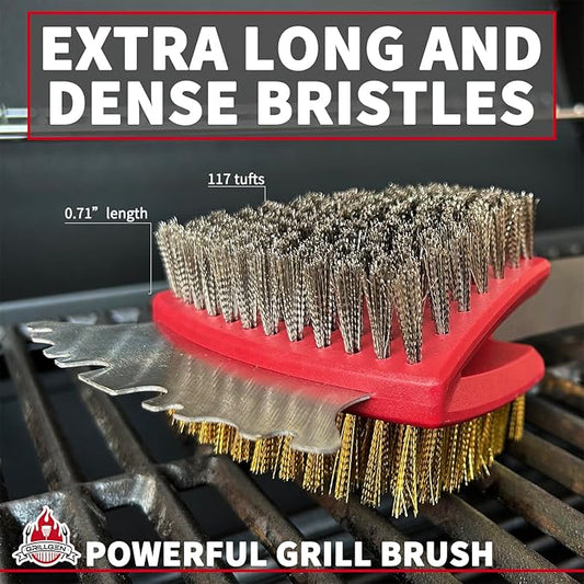 GRILLGEN Dual Sided Grill Brush and Scraper - 16.5" Heavy Duty 117-Hole Planted BBQ Cleaner with Brass & Stainless Steel Bristles - Safe for All Grates: Porcelain, Cast Iron and Steel