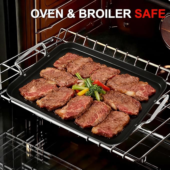 21" x 13" Cast Iron Griddle Pan, Non-Stick Stove Top Flat Plate with Stainless Steel Handle for Gas Grill, Camping, BBQ, Smooth Surface Double Burner Cookware
