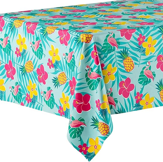 Exquisite 66% Thicker Summer Tablecloth 24 Pack - Luau Hawaiian Tropical Plastic Tablecloth Rectangle 54x108 Inch - Disposable Table Cover - Flamingo Pineapple Palm Leaf Beach Pool Tiki Aloha Party