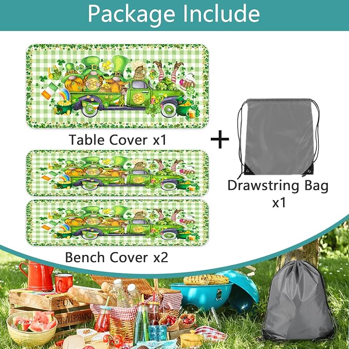 St. Patrick's Day Picnic Table Cover with Bench Covers, Camping Essentials, Plaid Truck Gnomes Clover Outdoor Table Covers, Waterproof, Fitted Tablecloth Cover with Elastic Edge, 3 PCS, 30x72 Inch