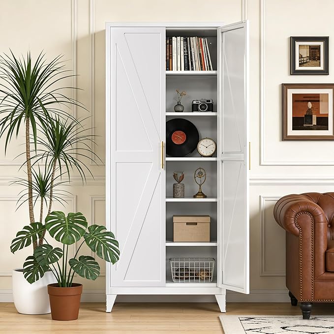 75.3" Tall Kitchen Pantry Storage Cabinet with 5 Adjustable Shelves, Metal Panty Cabinet with Doors, X-Shaped Embossed Panels, Heavy Duty Steel Storage Organizer for Home, Required Assembly