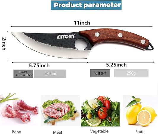 Kitory Butcher Knife for Meat Cutting, Hand Forged Viking Boning Knife with Ergonomic Wood Handle, High Carbon Steel Chinese Chef Knife for Camping, Outdoor, BBQ, Birthday Gift for Men