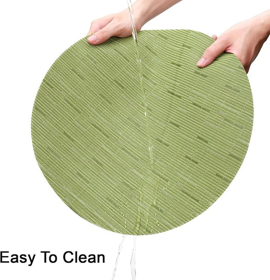 15 Inch Round Placemats Set of 4, Washable Vinyl Woven Place Mats | Heat Resistant Non-Slip Braided Table Mats for Dining Table Kitchen Indoor & Outdoor Use (Green, Set of 4)