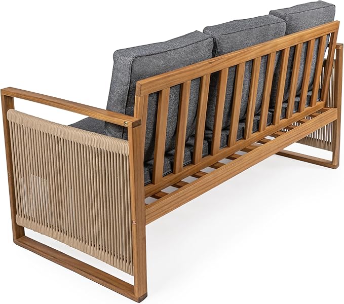JONATHAN Y Gable Acacia Wood and Woven Rope 63" Outdoor Sofa, 3-Seater Patio Bench with Weather-Resistant Gray Cushions for Backyard and Porch, Bohemian Style, Teak Brown Finish SFB1002B