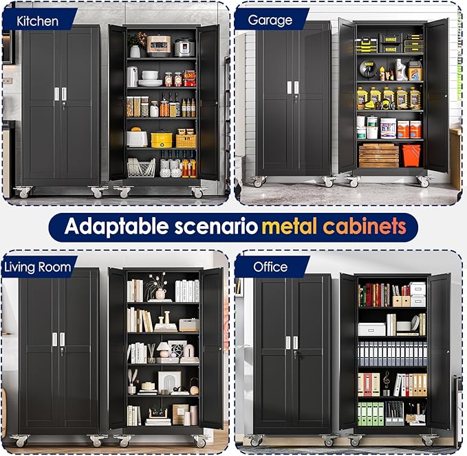 erosoei 71" H Metal Garage Storage Cabinet, Rolling Tool Cabinet with 2 Doors and Wheels, Locker Steel Cabinet with 4 Adjustable Shelves, Organization Cabinet for Garage,Office,Home,Gym,School