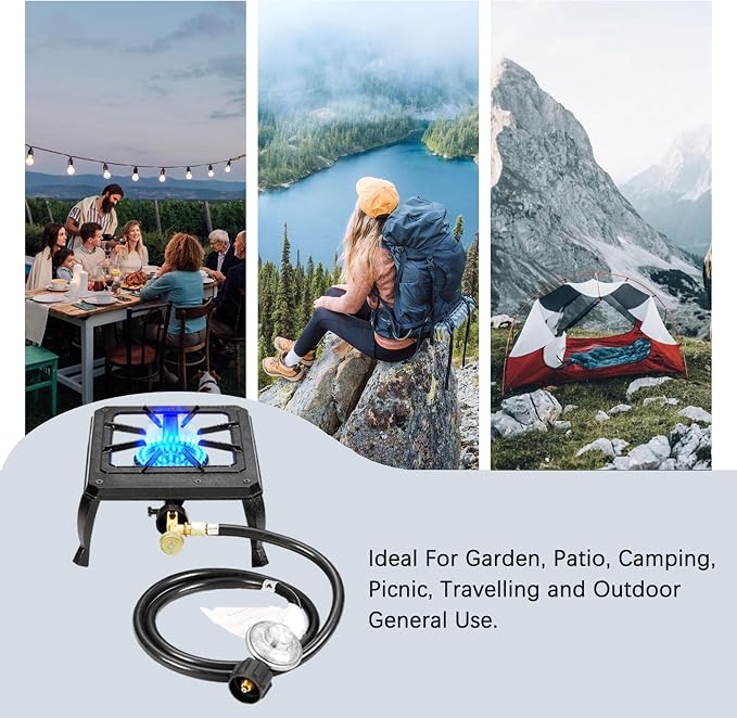 Vivicreate Single burner cast iron flame camping stove, include CSA listed regulator and gas hose (HT-C-0011)
