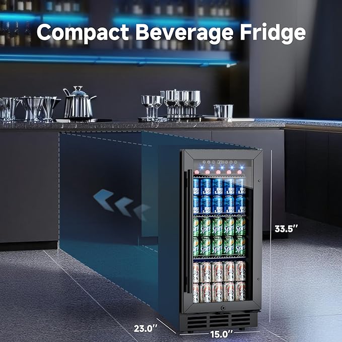 15 Inch Under Counter Refrigerator, 130 Cans Beverage Refrigerators, Large Capacity Beverage Refrigerator with Glass Door & Adjustable Shelves, for Home, Office, Bar (Black)