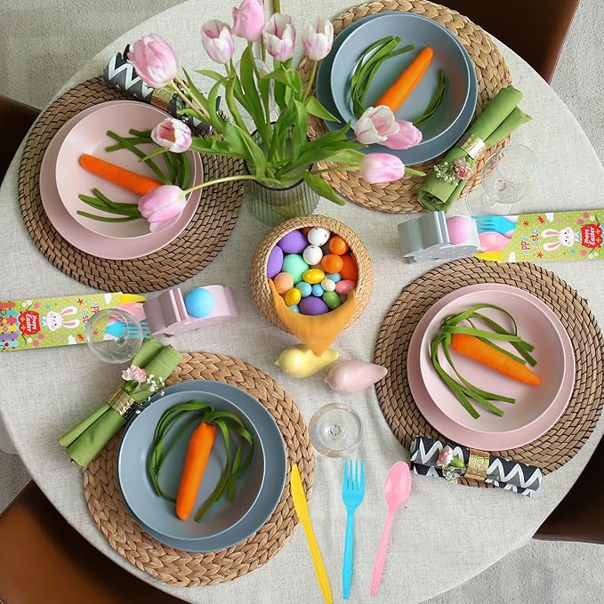 WILLBOND 400 Pcs Easter Plastic Cutlery Set Paper Silverware Bags with Plastic Forks Knives Spoons Disposable Cutlery Utensil Holder for Easter Wedding Party Restaurant Kitchen
