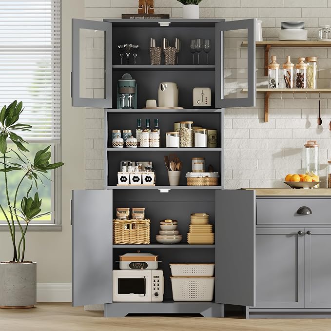 IDEALHOUSE 67" H Tall Storage Cabinet, Freestanding Bathroom Cabinet with 4 Doors and Adjustable Shelves,Modren Cupboard for Kitchen, Pantry, Living Room (Grey)