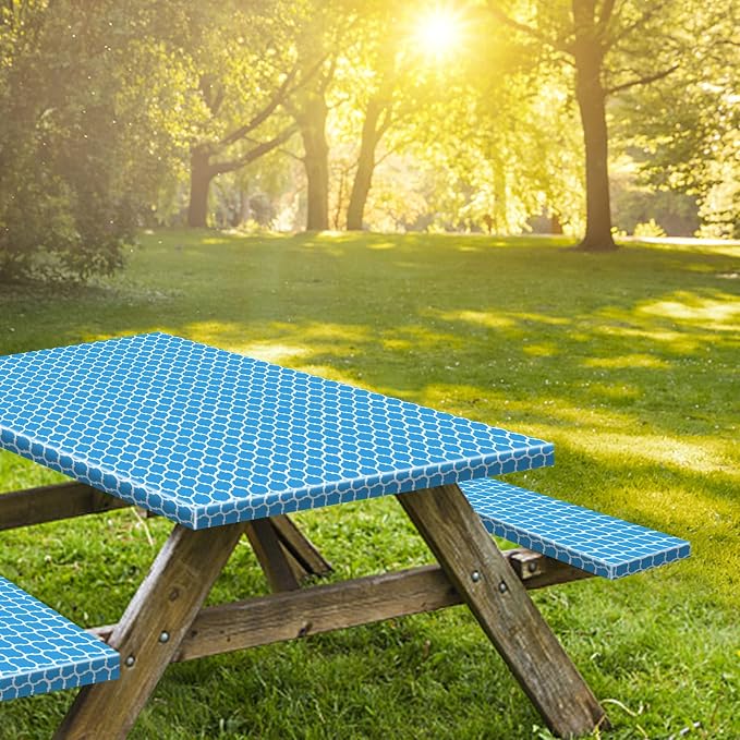 6ft 72in Picnic Table and Bench Cover, 3 Pack, Blue-White Moroccan | Waterproof, Windproof, Elastic Fitted Edges Tablecloth, for Rectangle Table & Seat, Camping Essentials RV Gear