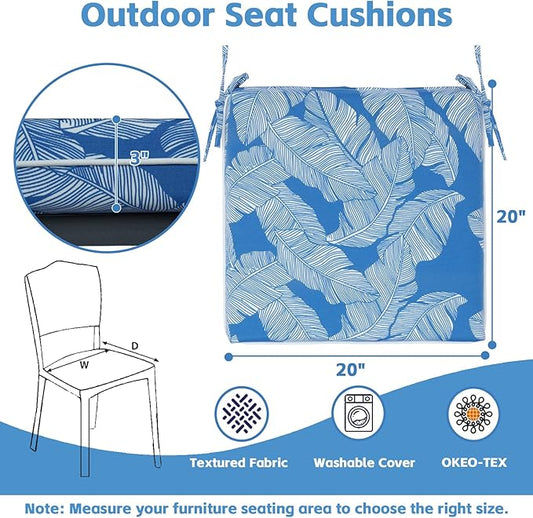 COZYVIDA Outdoor Chair Cushions Set of 4, 20"x20" Square Seat Pads with Tie Straps and YKK Zippers, 30D High-Density Foam, Water-Resistant Fabric,UV-Resistant 1000+ Hrs