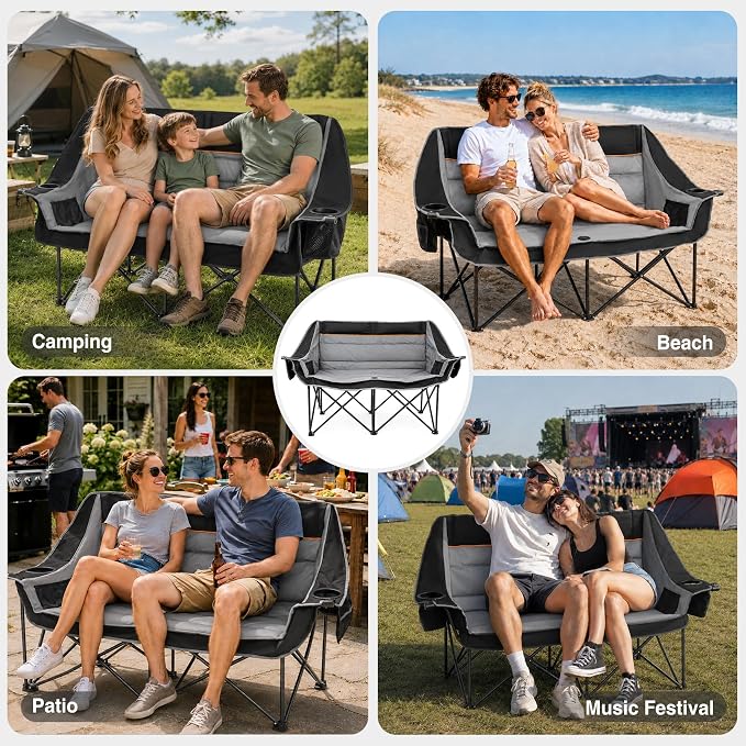 HOPERAN Double Camping Chair 660lb Camping Couch Oversized Folding Loveseat | 58" Wide Seat, 600D Fabric, 2 Person Camp Chair, Heavy Duty, Side&Rear Pocket, Cup&Wine Glass Holder, for Lawn Patio Beach