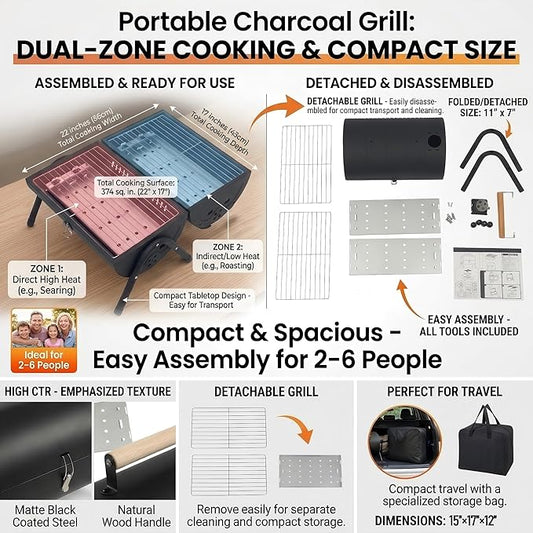 Portable Charcoal Grill, 22" x 17"Small Tabletop BBQ Grill,Dual-Zone Grilling,Heavy Duty Steel, Easy Assembly, Compact & Portable for Outdoor Camping,Picnic,Tailgate,Backyard Party