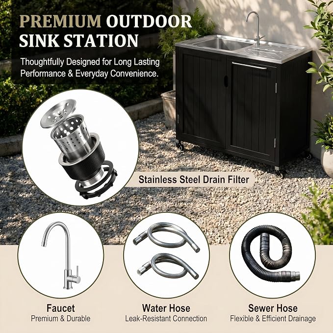Outdoor Kitchen Island with 304 Stainless Steel Sink and Large Storage Cabinet,40-Inch BBQ Prep Station with Sink & 360 Lockable Wheels for Patio,Solid Wood Grill Cart,Backyard, Outdoor Party, Black