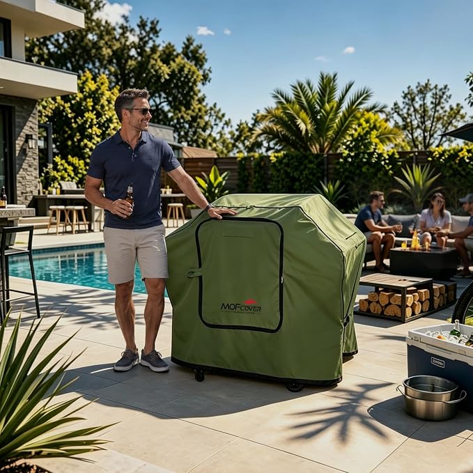 Exclusive Foldable 58 inch Grill Cover, 600D Heavy Duty Outdoor BBQ Cover for Weber Genesis II/EX/SX/LX 300 and Genesis 300 Series Weber 7130, 3-5 Burners Grill, Green