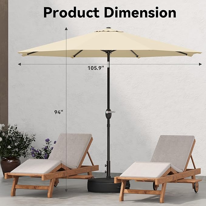 Greesum Outdoor Patio Umbrella with Base, Table Umbrella with 8 Sturdy Ribs, Push Button Tilt and Crank, Market Table Parasol for Garden, Lawn, Backyard & Pool, Beige